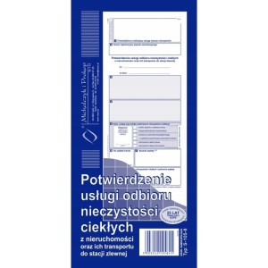 Druk potwierdzenie usługi odbioru nieczystości ciekłych oraz ich transportu do zlewni 1/3 A4 80 kartek oryginał + kopia MICHALCZYK I PROKOP /S-105-8/