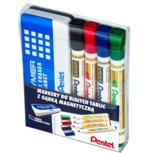 Marker suchościeralny okrągły 1,9mm PENTEL MW85 4 kolory + gąbka magnetyczna /MW85-ST4ABCDPL/