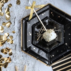 Talerze papierowe 23cm PARTYDECO LETS'S CELEBRATE w kształcie sześciokąta z metalicznym złotym brzegiem czarne 6szt.  /TPP31-010/