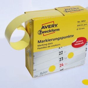 Etykiety na rolce papierowe okrągłe w dyspenserze 10mm 800etykiet AVERY ZWECKFORM żółte /3852 /