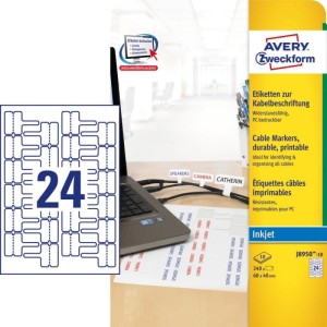 Etykiety foliowe poliestrowe 60x40mm AVERY ZWECKFORM do oznaczania kabli 10ark 240etykiet białe /j8950-10 /