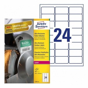 Etykiety foliowe polietylenowe 63,5x33,9mm AVERY ZWECKFORM wodoodporne ultra resistant 40ark 960etykiet białe matowe /l7912-40 /