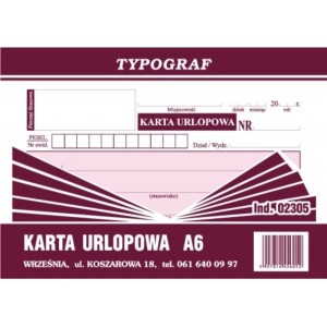 Druk offsetowy karta urlopowa A6 80 kartek OFFSET 02305 TYPOGRAF /02305/