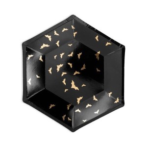 Talerze papierowe 20cm PARTYDECO TRICK OR TREAT w kształcie sześciokąta ze zotym nadrukiem czarne 6szt. /TPP20/