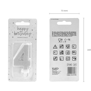 Świeczka urodzinowa 7cm PARTYDECO cyfra "4" brokatowa srebrna 1szt. /SCU3-4-018B/