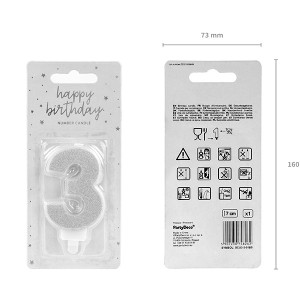 Świeczka urodzinowa 7cm PARTYDECO cyfra "3" brokatowa srebrna 1szt. /SCU3-3-018B/