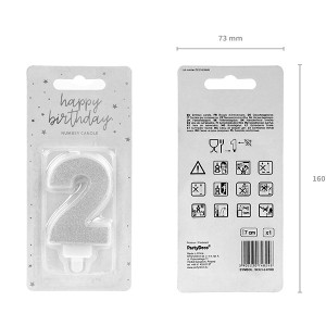 Świeczka urodzinowa 7cm PARTYDECO cyfra "2" brokatowa srebrna 1szt. /SCU3-2-018B/