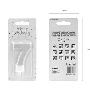 Świeczka urodzinowa 7cm PARTYDECO cyfra "7" brokatowa srebrna 1szt. /SCU3-7-018B/