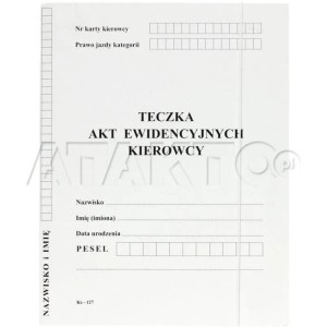 Teczka na akta ewidencyjne kierowcy A5 kartonowa biała nadruk INDEST 350g 1 szt.