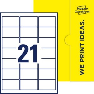 Etykiety foliowe 63,5x38,1mm AVERY ZWECKFORM odporne na warunki pogodowe 1ark 21etykiet zaokraglone krawędzie pernamentne /E-FPW-64x38-R/