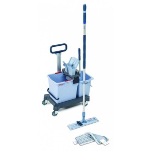 Wózek do sprzątania dwuwiaderkowy 25l+8l VILEDA PROFESSIONAL ULTRASPEED PRO READY TO go z prasą do mopów/wyciskaczem + mop płaski szaro-niebieski 1szt. /VIP-173906/