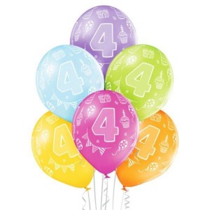 BALONY 12" +/- 30cm Z NADRUKIEM 4 URODZINY ALIGA MIX KOLORÓW 6szt./BN06-194/