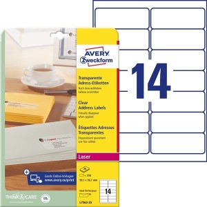 Etykiety foliowe poliestrowe 99,1x38,1mm AVERY ZWECKFORM wodoodporne adresowe 25ark 350etykiet transparentne /l7563-25 /