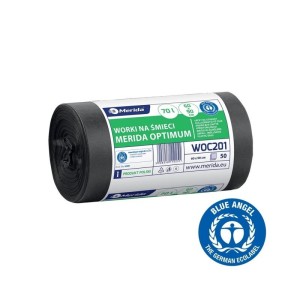 Worki na śmieci 70L HDPE/LDPE 16µm 60x90cm MERIDA OPTIMUM BLUE ANGEL czarne rolka 50szt. /WOC201/