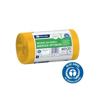 Worki na śmieci 70L HDPE/LDPE 16µm 60x90cm MERIDA OPTIMUM BLUE ANGEL żółte rolka 50szt. /WOY201/