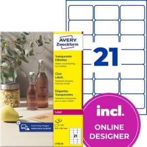 ETYKIETY FOLIOWE POLIESTROWE 63,5x38,1mm AVERY ZWECKFORM WODOODPORNE CRYSTAL CLEAR 25ark 525etykiet TRANSPARENTNE BŁYSZCZĄCE  /L7782-25/