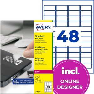 ETYKIETY FOLIOWE POLIESTROWE 45,7x21,2mm AVERY ZWECKFORM WODOODPORNE ZABEZPIECZAJĄCE - PLOMBY 20ark 960etykiet BIAŁE MATOWE  /L6113-20/