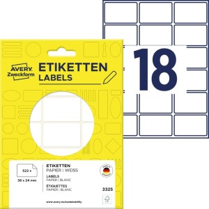 MINIETYKIETY PAPIEROWE DO OPISU RĘCZNEGO 38x24mm AVERY ZWECKFORM 522etykiet BIAŁE  /3325/
