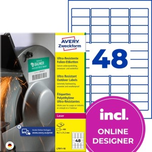 ETYKIETY FOLIOWE POLIETYLENOWE 45,7x21,2mm AVERY ZWECKFORM WODOODPORNE ULTRA RESISTANT 10ark 480etykiet BIAŁE MATOWE  /L7911-10/