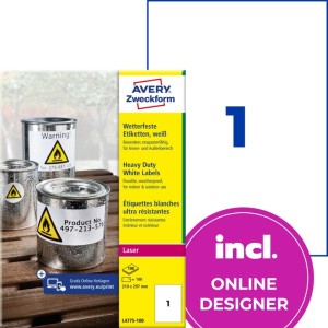 ETYKIETY FOLIOWE POLIESTROWE 210x297mm AVERY ZWECKFORM WODOODPORNE HEAVY DUTY 100ark 100etykiet BIAŁE MATOWE  /L4775-100/