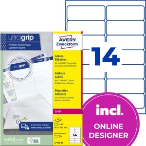 ETYKIETY PAPIEROWE 99,1x38,1mm AVERY ZWECKFORM ADRESOWE ULTRAGRIP 40ark 560etykiet BIAŁE  /L7163-40/