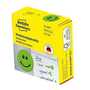 ETYKIETY NA ROLCE PAPIEROWE OKRĄGŁE W DYSPENSERZE 19mm AVERY ZWECKFORM DO WYRAŻANIA OPINII ZIELONE UŚMIECHNIĘTA BUŹKA 250etykiet KA  /3858/