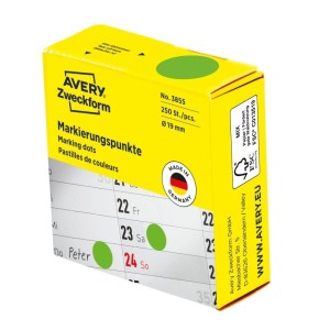 ETYKIETY NA ROLCE PAPIEROWE OKRĄGŁE W DYSPENSERZE 19mm 250etykiet AVERY ZWECKFORM ZIELONE  /3855/