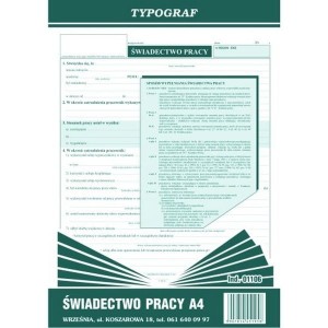 Druk samokopiujący świadectwo pracy TYPOGRAF A4 40 kartek /01106/