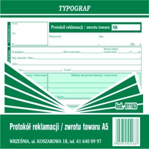 Druk samokopiujący protokół reklamacji/zwrotu towaru A5 40 kartek TYPOGRAF /01163/