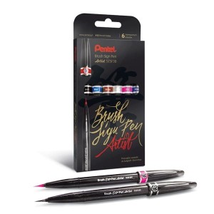 Pisaki 6 kolorów pędzelkowe/brush do kaligrafii i liternictwa  PENTEL BRUSH SIGN PEN ARTIST czarny, niebieski, brązowy, srebrny, różowy, fioletowy 6szt. /SESF30C-ST6ACENPVPL/